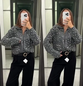 ZARA GREY WOOL ALPACA KNIT CARDIGAN WITH FAUX PEARLS LAPEL COLLAR CROP OVERSIZED - Picture 1 of 24