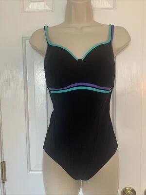 Women’s One Piece Swimsuit ANITA Black W Purple & Aqua Trim Size 8 B Cup EUC - Image 1 of 4