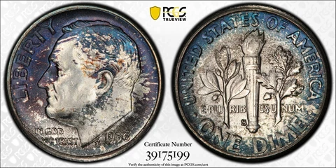 Toned PCGS MS67 1950 S Roosevelt Dime 10c Trueview Purple Blue PQ Color Key Date Cover