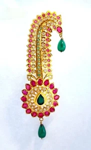 VINTAGE REAL RUBY, EMERALD & CZ 22K YELLOW GOLD BROACH PIN PUNJABI TURBAN GIFT - Picture 1 of 3