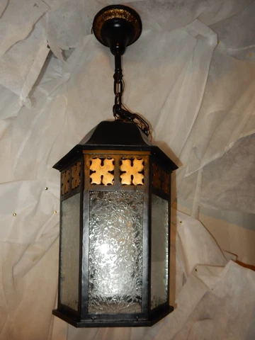 Tudor Colonial Cast Iron Porch Light Pendant w/ Old Glue Chip Glass Cover