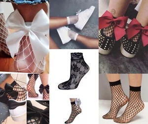 Super Cute Fishnet Mesh Ankle Socks Lace Big Bow Black White Red Grey Floral - Picture 1 of 16