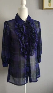 Top Blouse Sheer,size Medium Drama Gold Color purple Pre Owned Ruffles Buttons - Picture 1 of 9