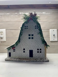 Metal Tin Barn With Lights Christmas Farmhouse Decor With Rooster On Top - Picture 1 of 10