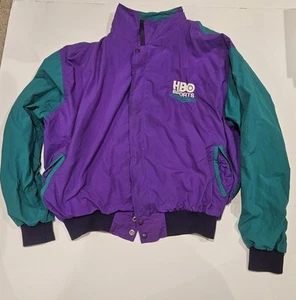 Vintage HBO Sports Jacket 90s Windbreaker Teal Purple Colorblock - Large Made US - Picture 1 of 5