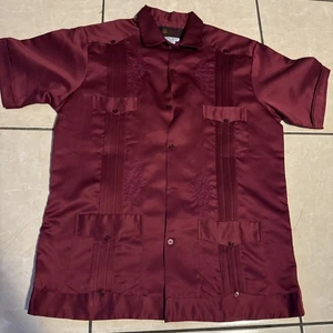 Guayaberas Yucatecas Mexican Cuban Copacabana Satin Shirt Mens L22.5x30 BURGANDY - Picture 1 of 19