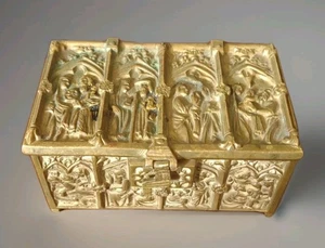 ANTIQUE 19th CENTURY BRONZE BOX BIBLICAL SCENES 1880's 6" Mary Nativity Jesus - Picture 1 of 14
