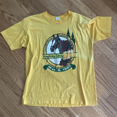Винтажная футболка 80-х Kentucky Derby 113 1987 лошадь желтая одинарный шов большой размер - Изображение 1 из 4