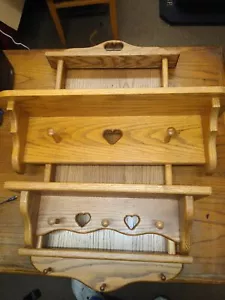 3 Piece Oak Shelf Coat Hat Rack lot Bulletin Board Wooden Heart Nick Knack Shelf - Picture 1 of 14