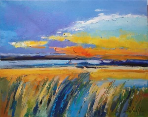 ORIGINAL OIL PAINTING#16"x20"#Land Scape#Abstraction#Sky Blue#Yellow#Orange#Lake - Picture 1 of 8