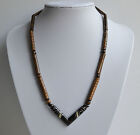 VINTAGE HAND CARVED BLACK CORAL NECKLACE GOLD CORAL MOTHER OF PEARL INLAY
