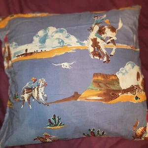 Upcycled Western Throw Pillow Cattle Steering Cowboys Stagecoach Horses Country - Picture 1 of 8