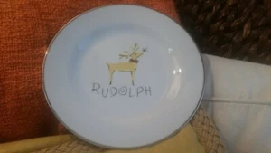 Pottery barn reindeer Rudolph Salad dessert cocktail 8.5" Plate silver trim - Picture 1 of 3