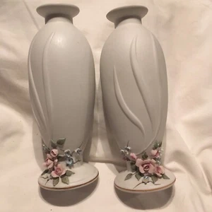 Two Hand Painted White Lefton Vases With Flowers and Leaves  Japan 7 3/4" #1197 - Picture 1 of 9