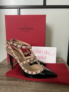 Valentino Garavani Rockstud Caged T Strap Pumps Black Patent Leather 40 - Picture 1 of 14
