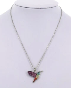 NEW Cute Hummingbird Multi-Color Rhinestone Pave Silver Tone Charm Necklace - Picture 1 of 1