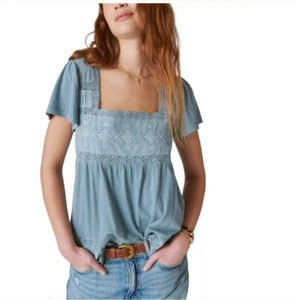 Lucky Brand Blue Boho Baby Doll Top Embroidered with Square Neck XXL - Picture 1 of 6