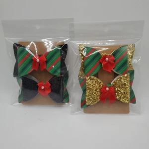 Holiday Hair Bows Lot Of 4 Bows Custom Handmade Clips / Soft Ties New Green Red - Picture 1 of 4