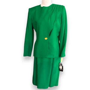 Kasper ASL Vintage 80s 100% Wool Kelly Green Peplum Skirt Suit NWT Petite 10P - Picture 1 of 9
