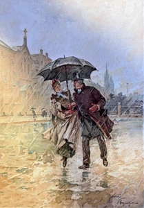 1892 Farbdruck Mann & Frau zu Fuß im Regen tragen Regenschirm - Bild 1 von 3