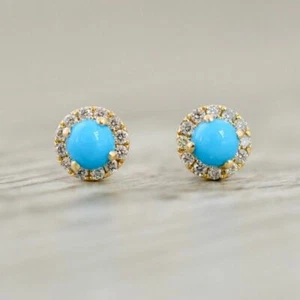 Pair Of Halo 1.30 CT Turquoise & Diamond Earrings 18K Yellow Gold FN 935 Silver - Picture 1 of 6