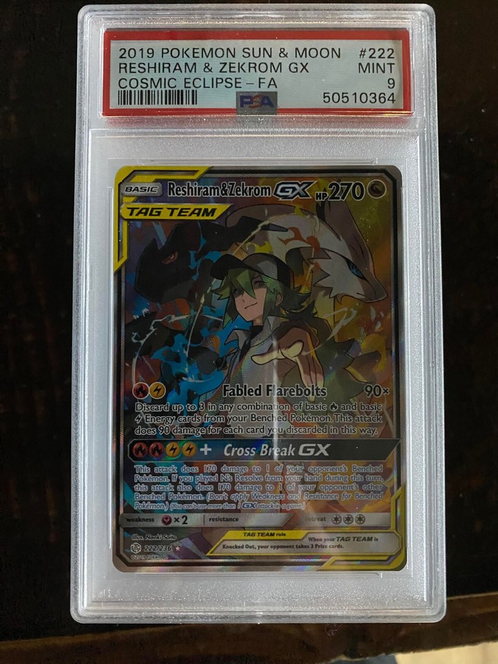 PSA 9 MINT Reshiram & Zekrom GX 222/236 SM Cosmic Eclip