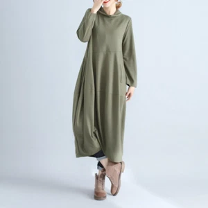 Women Long Sleeve Cargo Dress Midi Swing High Neck Loose Casual Pocket Plain - Picture 1 of 16