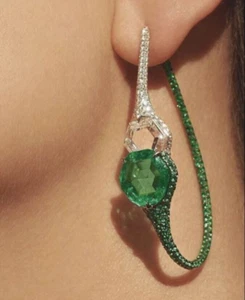 Syn Green Emerald Hoop Earrings .925 Silver Handmade Auction Luxury Jewelry - Picture 1 of 6