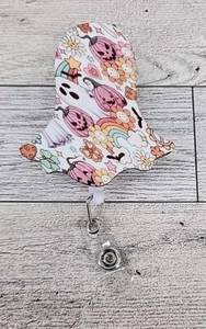 Ghost Shaped Ghosts Pumpkins Retro Halloween Retractable Badge Reel Keychain ID - Picture 1 of 15