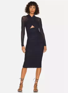 Bardot Womens Ruched Wrap Long Sleeve Bodycon Aliyah Midi Dress Black XS NWT - Picture 1 of 7