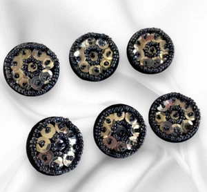 Set 6 Buttons Embellished w Sequins & Seed Beads Charcoal Grey & Black Shank - Picture 1 of 6