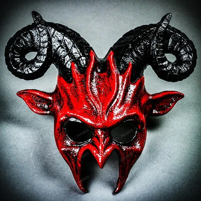 Bloody Red Devil Demon w/ Black Ram Horn Halloween Masquerade Party Costume Mask - Image 1 of 4