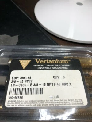 Vermont 3/8-18 NPTF CNC Tin Coated Tap Vertanium 3 Pack - Image 1 of 2