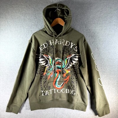 Sudadera con Capucha Ed Hardy Alas de Dragón Mediana Bolsa Oliva Bolsillo Forrado Pullover Foto 1 de 4