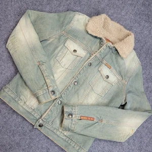 Chaqueta de Jean Seven7 Mujer Pequeña Azul Forrada Sherpa Recortada Camionero Botón a Presión - Imagen 1 de 10
