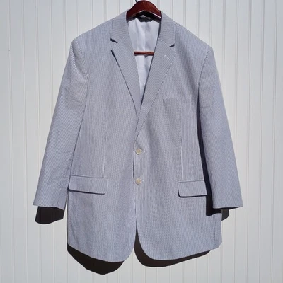 JOS A BANK 夹克男式 50R 蓝色白色细条纹泡泡纱西装外套运动外套 — 第 1/4 张图片