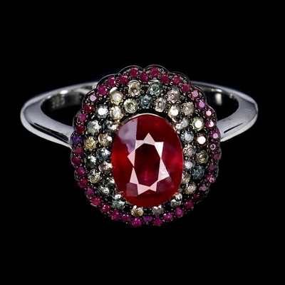 925 Sterling Silver Ring Oval Ruby Round Ruby Myanmar Sapphire Jewelry Size 8 - Image 1 of 4