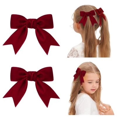 2PCS Wine Red Velvet Hair Bow for Girls, 3 Fall Alligator Clips Hair Christma... - Image 1 of 4