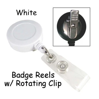 White ID Badge Reels Lanyard - Retractable w/ Rotating Clip & Plastic Strap - Image 1 of 2