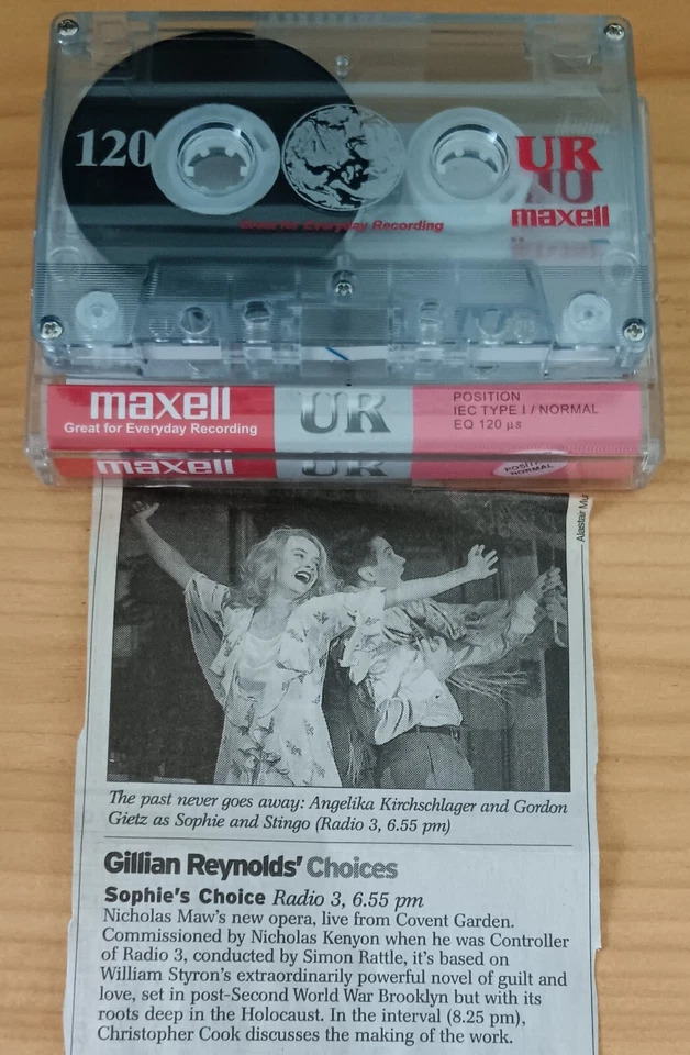 used Maxwell UR 120 blank cassette tape (has label SOPHIE'S CHOICE opera Covent) - Image 1 of 1
