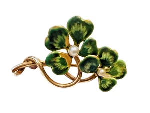 Antique Heintz Bros 14k Gold Enamel Lucky 4 Leaf Clover W/ Seed Pearls Brooch - Picture 1 of 9