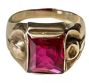 Mens Art Deco 10k Yellow Gold Lab Created Ruby Signet Ring Size 10 Signed MM - Picture 1 of 13