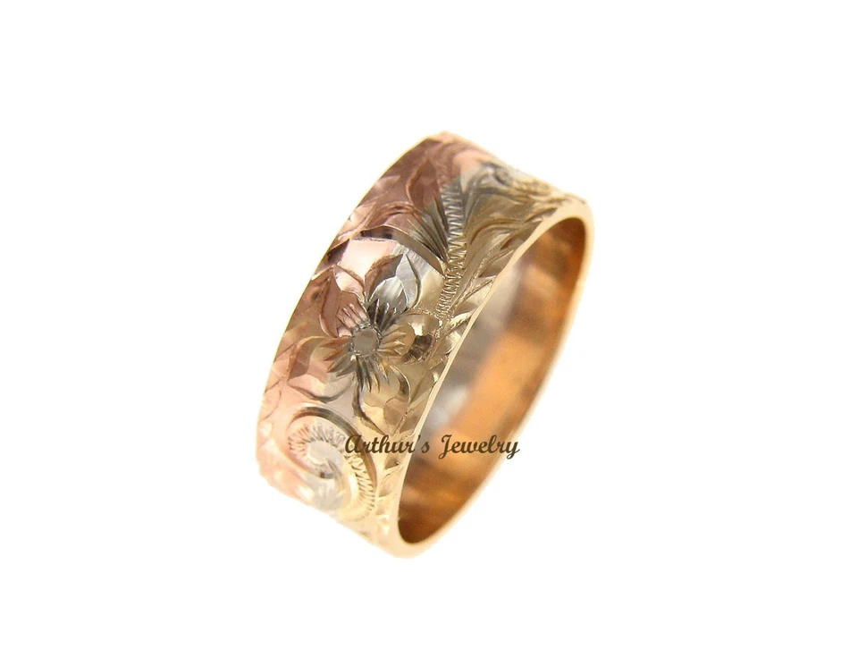 14K YELLOW WHITE ROSE TRICOLOR GOLD ENGRAVED HAWAIIAN PLUMERIA SCROLL 8MM RING - Image 1 of 4