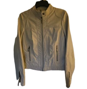 J2 By Jou Jou Women Faux Leather Moto Jacket Sz L  Zip Cropped Vegan Biker Ivory - Picture 1 of 13