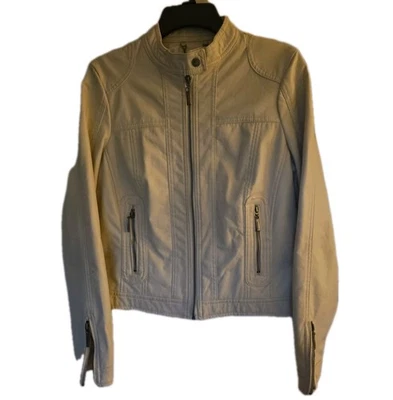 Chaqueta de moto de cuero sintético para mujer J2 By Jou Jou talla L recortada vegana motociclista marfil Foto 1 de 4