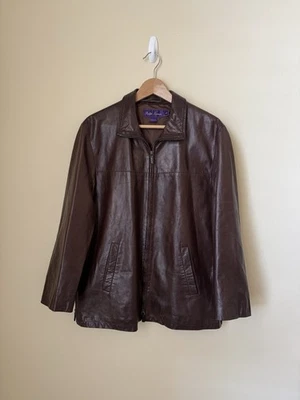 Chaqueta de Cuero Ralph Lauren Etiqueta Púrpura Cremallera Completa Marrón Mediana Foto 1 de 4