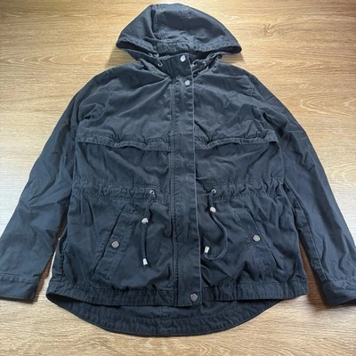 H&M разделенный женский размер 10 черный с капюшоном общего назначения куртка хлопок шнурок талии - Изображение 1 из 4