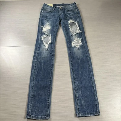 Machine Jeans Womens 25 Blue Distressed Ripped Stretch Straight Leg Denim Frayed - Image 1 of 4