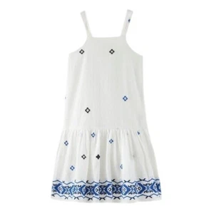 Zara Girls White Blue Embroidered Tank Dress Summer 13-14 cm 164 Coastal Boho - Picture 1 of 16