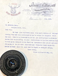 Botón de anuncio antiguo grande con membrete de pajita y Ellsworth Mfg Milwaukie WI 1889 - Imagen 1 de 2